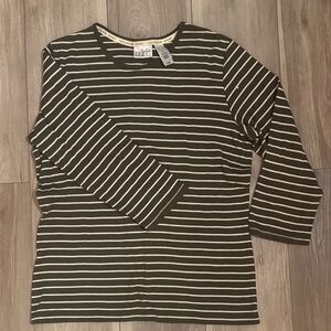 Villager Sport Striped Quarter Sleeve Tee - Olive and White